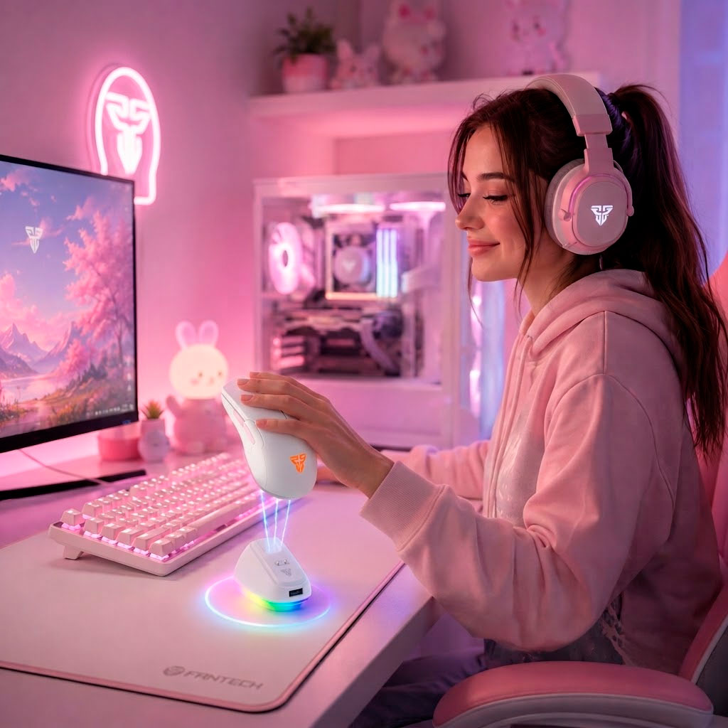 setup gamer rosado inalámbrico